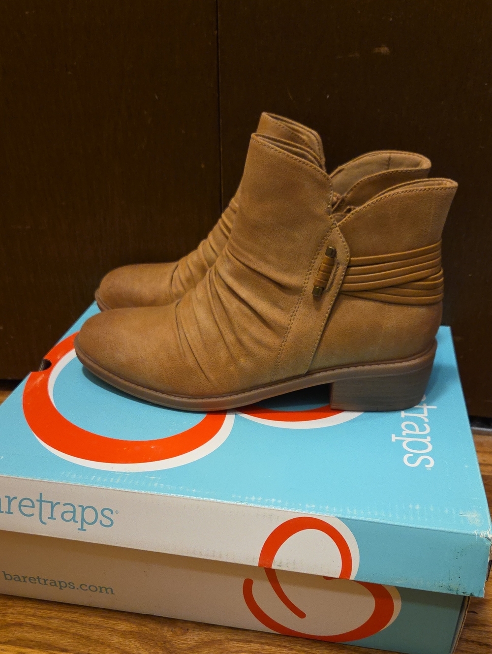 BareTraps Women's Cognac Tan Ruched Ankle Booties